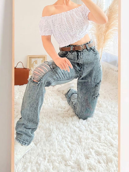 Pantalón tipo Mom Jeans de mezclilla, gris nevado rasgado